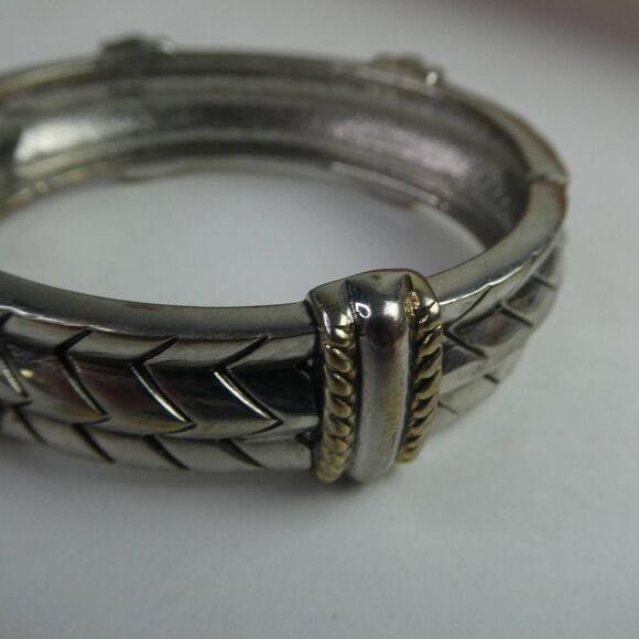 Two Tone Gold Silver Hinged Bangle Bracelet Clear Rhinestone Detailed Solid - Picture 4 of 8